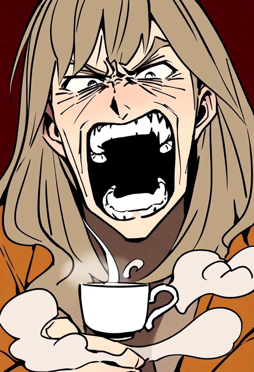 Illustrate an exaggerated cartoon image of a coffee cup with furrowed brows, gritted teeth, and steam coming out from the top like it's extremely angry. The expression should be intense and comical. Keep the background simple to focus on the coffee cup’s emotion.