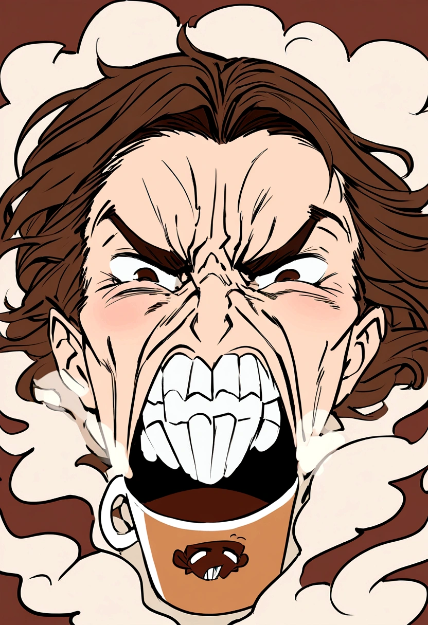 Illustrate an exaggerated cartoon image of a coffee cup with furrowed brows, gritted teeth, and steam coming out from the top like it's extremely angry. The expression should be intense and comical. Keep the background simple to focus on the coffee cup’s emotion.