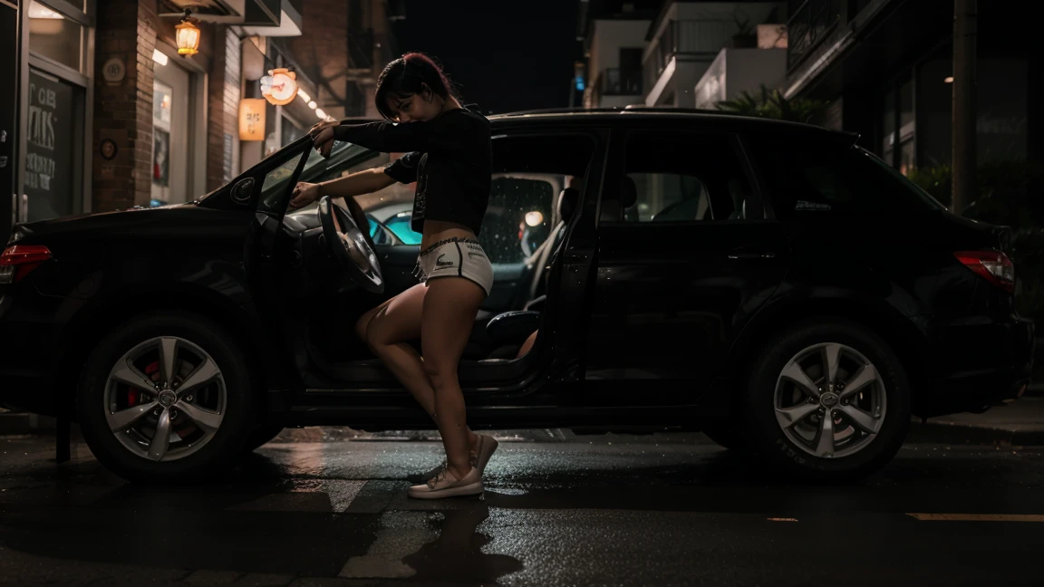 full body shot, entire body in frame, 
punk rock style girl with closed eyes sleeping wearing shorts is sleeping inside a car theres a windown next to her with raindrops, night light cinematic