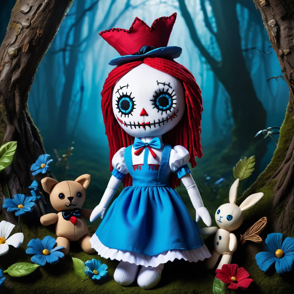 (knitted toy voodoo doll:1.8), (Voodoo Alice in Wonderland:1.2), (Clothing: In the style of Alice in Wonderland, blue dress, white apron:1.0), (against the background of the Magical forest, fantastic creatures:1.0), (Alice in Wonderland atmosphere:1.5), best quality, masterpiece, detailed soft oil painting, detailed background, dramatic cinematic lighting, soft edge lighting, professional, dramatic lighting, hard edge lighting, ultra quality, 4k, masterpiece, best quality, 8k, ultra high definition, high resolution, extremely detailed