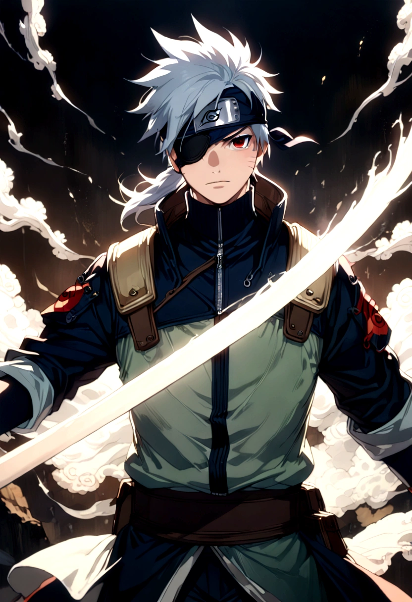 1boy, Hatake Kakashi, "NARUTO", run to viewer, Motion Blur, forehead protector cover one eye, (Eye Patch), konohagakure symbol, ninjutsu, solo, anime screenshot, source_anime, dramatic composition, cinematic lighting, (masterpiece, best quality, Professional, perfect composition, very aesthetic, absurdres, ultra-detailed, intricate details:1.3)