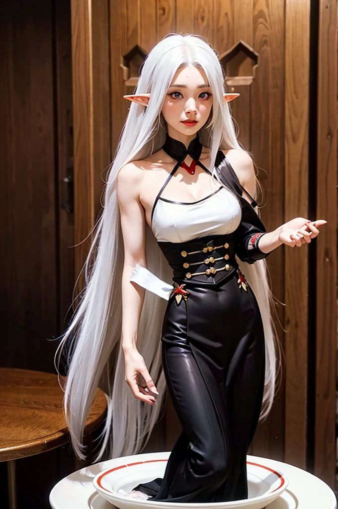 mature female elf, full body, long white hair, pointed ears, white skin, red eyes, confident expression, full plate adorned armor.