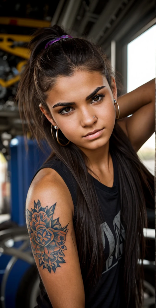 A tough-looking college-age girl with dark brown messy hair, and fair skin, has a nose piercing, an eyebrow piercing, three ear piercings in both ears, tattoos on her arm, and works as a mechanic
