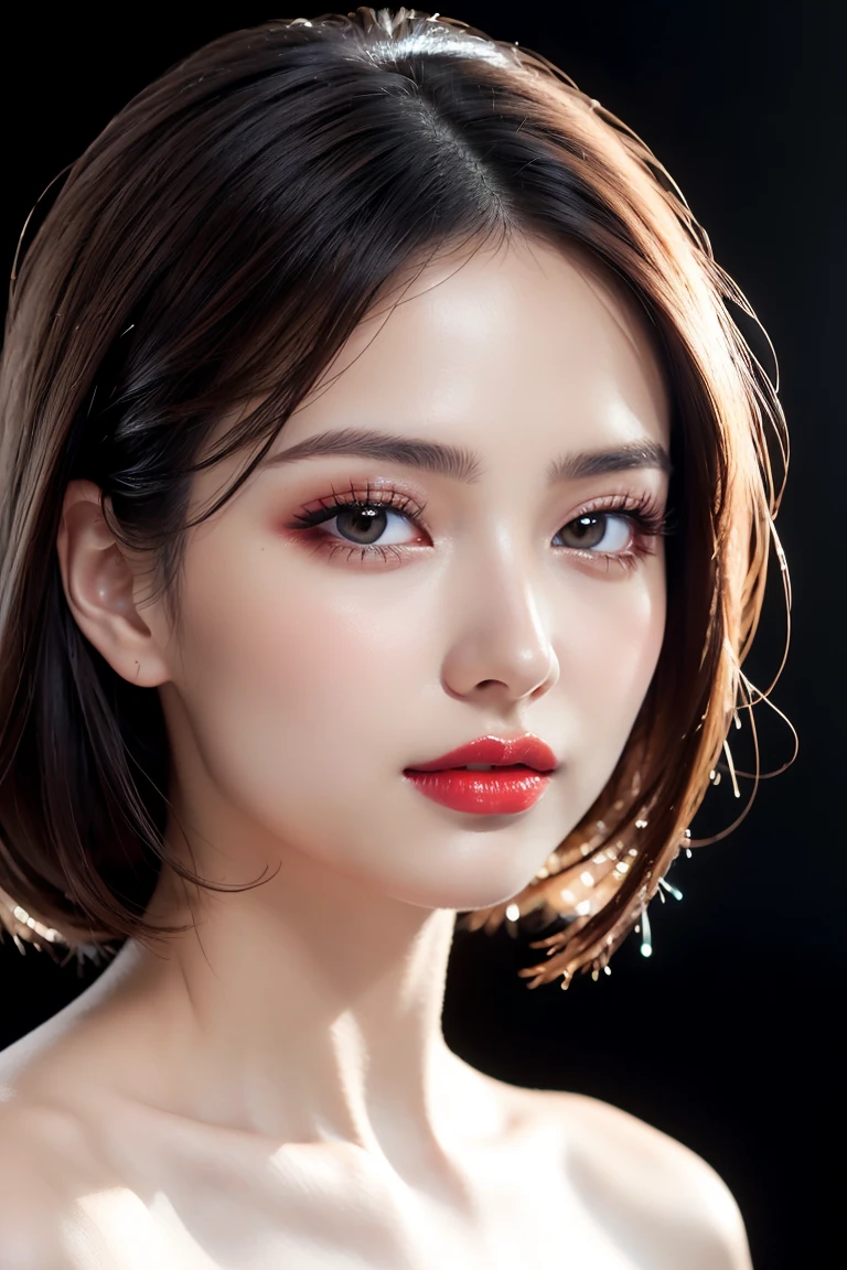 (Highest quality、Tabletop、8k、Best image quality、Award-winning works)、Cute beauty、(nude:1.3)、(The simplest pure black background:1.5)、(Face close-up:1.6)、Accentuate your body lines、Beautiful and exquisite、Expressionless、(look straight at me:1.1)、(stand upright facing forward:1.1)、(Perfect Makeup:1.1)、(Bright lipstick:1.1)、Ultra-high definition beauty face、Ultra HD Hair、Ultra HD Shining Eyes、Ultra-high quality, vibrant and glossy lip color、Accurate anatomy、Very beautiful skin、Ultra high resolution and beautiful, Glowing Skin、An elegant upright posture when viewed from the front、Sweaty skin、Hot face、Damp Hair、Moist Skin