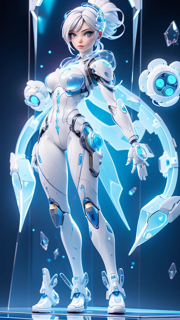 ((full body concept art, simple background)), ((Best Quality, best resolution, award-winning portrait, official art)), ((perfect Masterpiece)). Young beautiful girl, (La mejor calidad,A high resolution,Ultra - detallado,actual),Ariana Grande japonesa androide cyborg ,(detailed: 1.4), (Absurd), mature woman, beautiful face, perfect body, bare thighs, long legs, cyberpunk post apocalyptic colors. She has (short white hair), ((the most beautiful and sexy aesthetic)), sexy, cleavage showing, hot, sexy, seductive posture, mecha arm, tech suit,(Best quality,A high resolution,Ultra - detailed,current),Ariana Grande Japanese android cyborg,robotic parts, beautiful studio with soft light, Vibrant details, Luxury cyberpunk, (Android body made of white and silver transparent glass and plastic..:1.4), (Internal mechanisms of the silver+pink metal body), dynamic pose, Fluid organic components, Detailed engraving, lace designs, (Shiny gold circuits:1.4), (eyes detailed blue :1.4 ), (cowboy pose), (realistic), Fanart Best ArtStation, fantasy art style, (transparent glass body:1.4), (perfect anatomy) ,High Definition, (laboratory background Robotic futuristic dystopia colors:1.4),(detailed face),(masterpiece:1.4), ((Best quality:1.4),