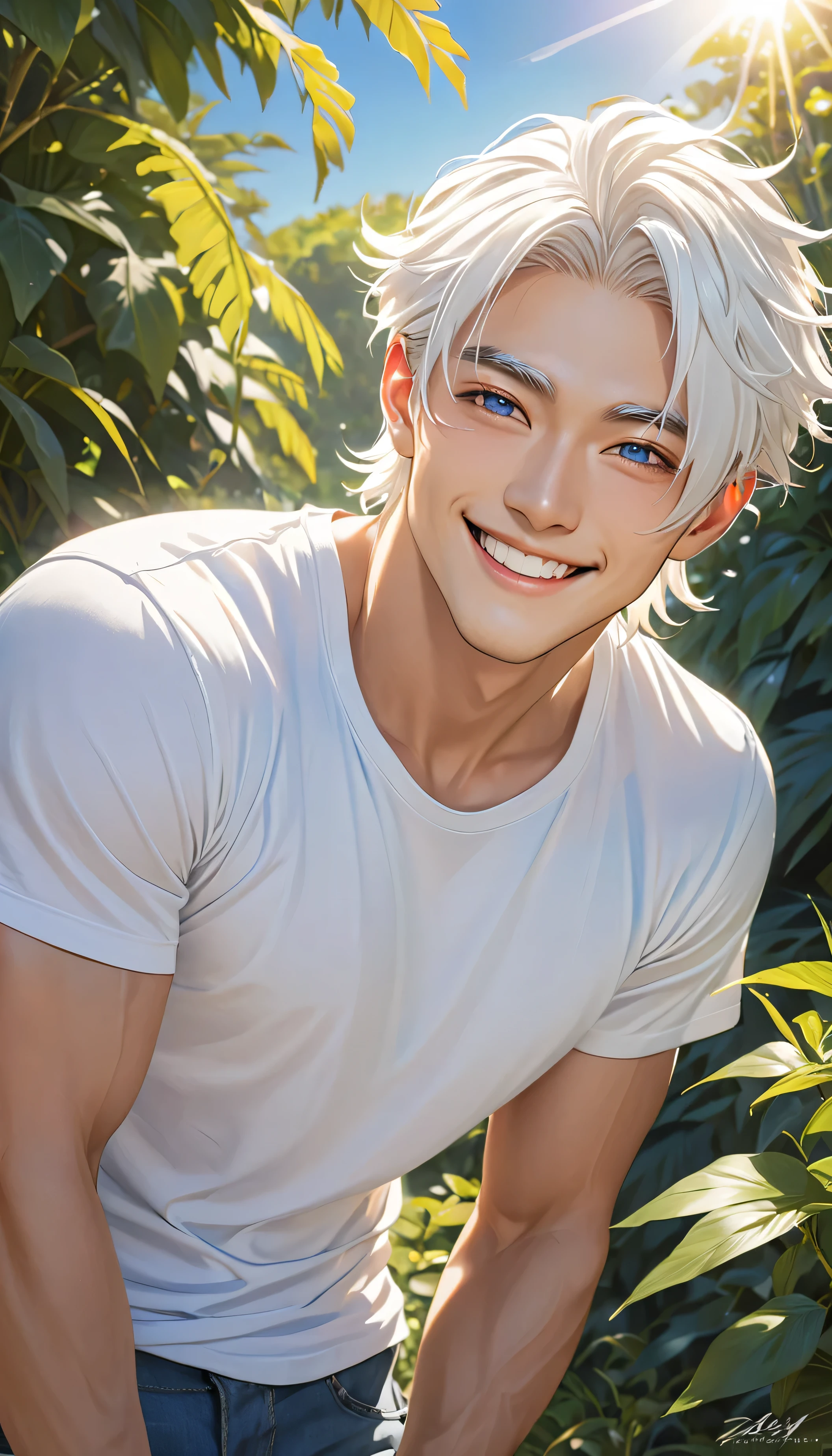 double eyelid、male、Muscular、Foreigners、White skin、smile、Smiling with teeth showing、White Hair、Set hairstyle、T-Shirts、Under the blazing sun、sunlight、summer、Dazzling、20th Generation、Bony face、tall、White eyebrows、Narrow eyes、Light blue eyes、Perfect figure、masterpiece、Nature、Mature male