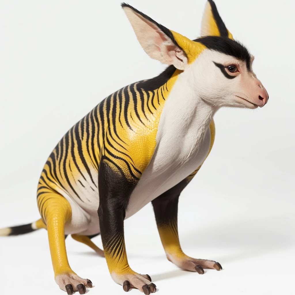 Animaly, white and yellows colour skins, has scales, his body is shaped like a Tapirs but his face is like a monkey and Puffin, silver colour skins, Grassroots background, (white background simpleks)