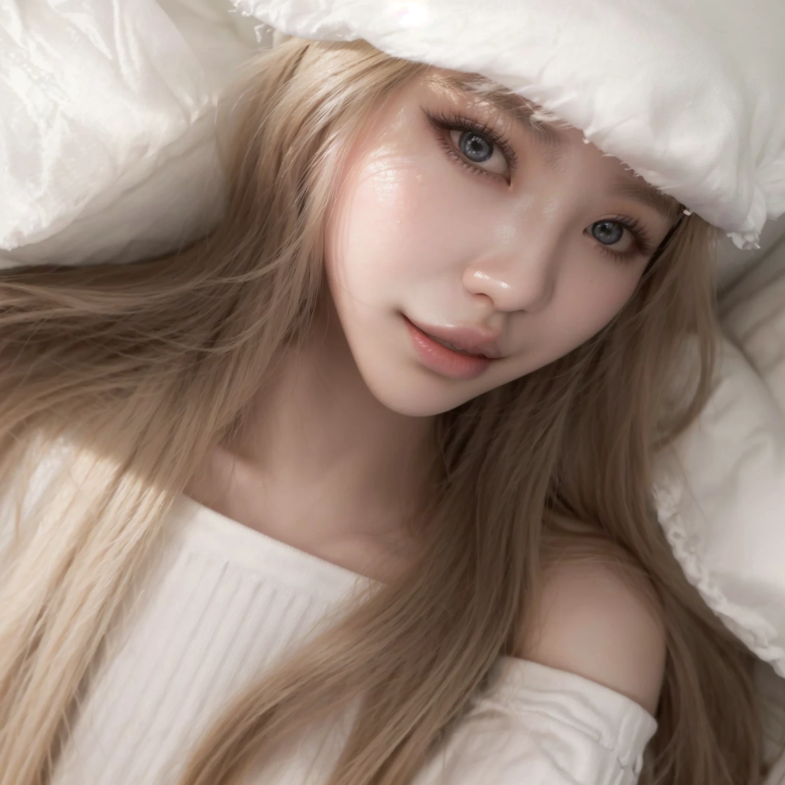 a close up of a woman laying on a bed wearing a white hat, roseanne park of blackpink, lalisa manobal, korean girl, ulzzang, with white long hair, lalisa manoban of blackpink, wan adorable korean face, beautiful south korean woman, long blonde hair and big eyes, with long white hair, anime girl in real life , blackpink jennie , blackpink Lisa , asian famale face , cute girl , Korean famale