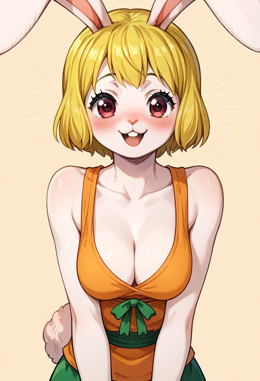 score_9, score_8_up, score_7_up, source_anime, BREAK, solo, solo focus, Opcarrot, 1girl, blonde hair, short hair, furry, white furr, blush, happy, cute, rabbit ears, small claws, breasts, cleavage