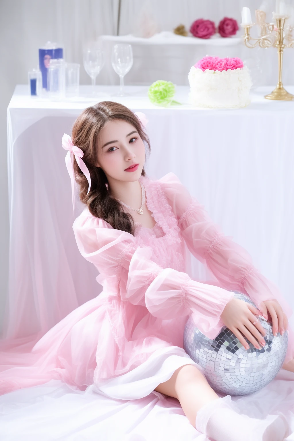 there is a woman sitting on a bed with a disco ball, lovely languid princess, belle delphine, wearing organza gown, wearing a pink ballroom gown, with soft pink colors, lolita style, portrait of magical lolita girl, pink clothes, (pink colors), pink pastel, frilly outfit, beautiful aerith gainsborough, aerith gainsborough, high res