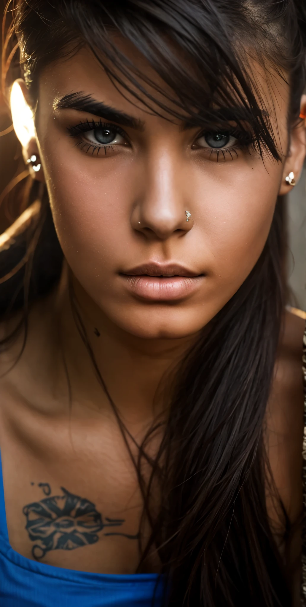 A tough-looking college-age girl with dark brown messy hair, and fair skin, has a nose piercing, an eyebrow piercing, three ear piercings in both ears, tattoos on her arm, and works as a mechanic