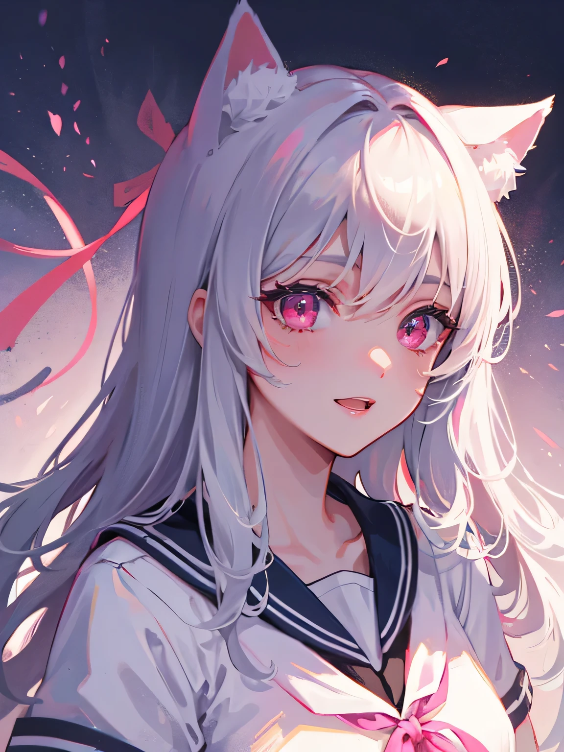Highly detailed face,fine grain,Highlighted eyes, Medium chest ,pretty girl, Laugh shyly,Cat ear,Beautiful silver hair,Pink inside,Beautiful pink eyes,Shiny skin, Beautiful Shadows,White Sailor Suit,ribbon, I want to send you a letter