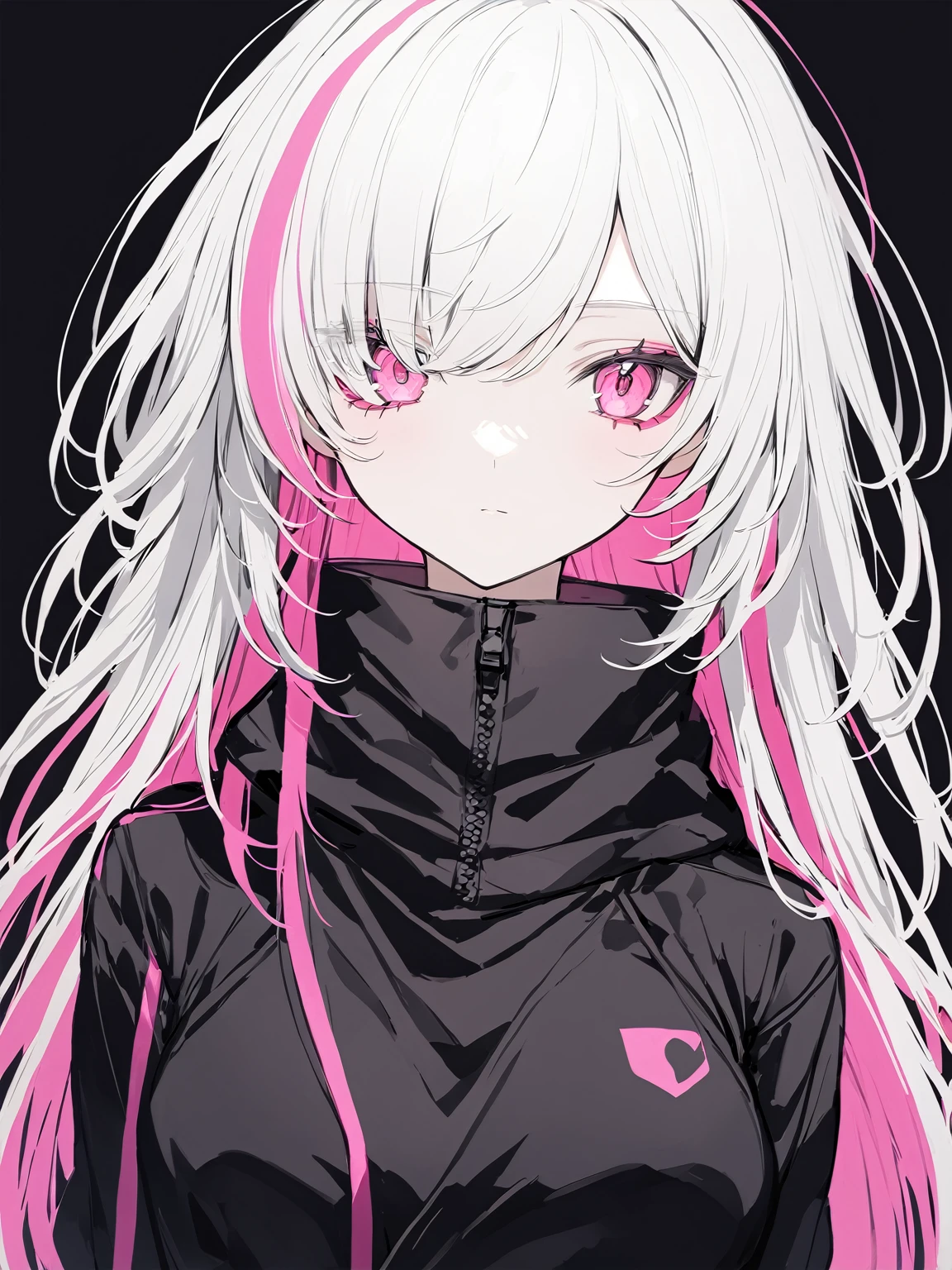 young woman, upper body, Long white hair, pink streak, pink eyes, dark makeup, Black jacket, pink skinny, simple background
