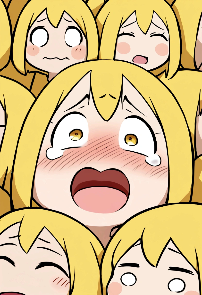 Create an exaggerated cartoon image of a banana with eyes squeezed shut, mouth wide open, and tears streaming down its face from laughing too hard. The expression should be extremely joyful and exaggerated. Keep the background simple.