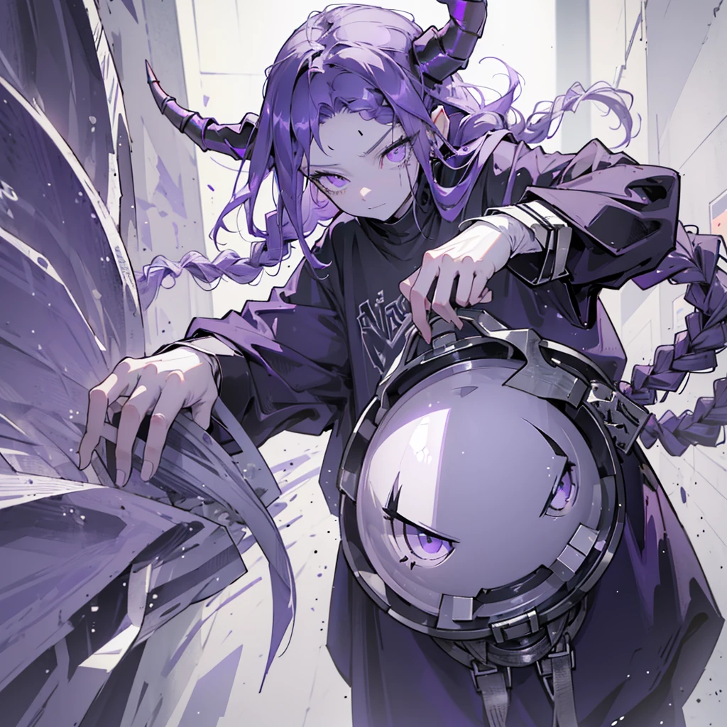 boy. open forehead. Long dark purple hair braided on the left side. Black horns with white ribbon. pale violet eyes. Long white t-shirt. Dark purple shorts. Dark purple knee socks. Robe with a white hood with an ornament of gold rings. Concrete walls black limit purple light water on the floor