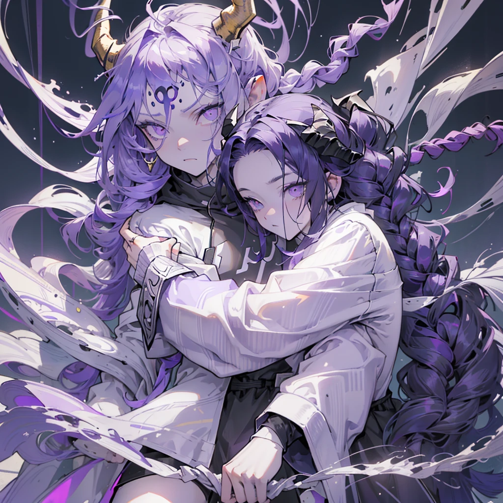 boy. open forehead. Long dark purple hair braided on the left side. Black horns with white ribbon. pale violet eyes. Long white t-shirt. Dark purple shorts. Dark purple knee socks. Robe with a white hood with an ornament of gold rings. Concrete walls black limit purple light water on the floor