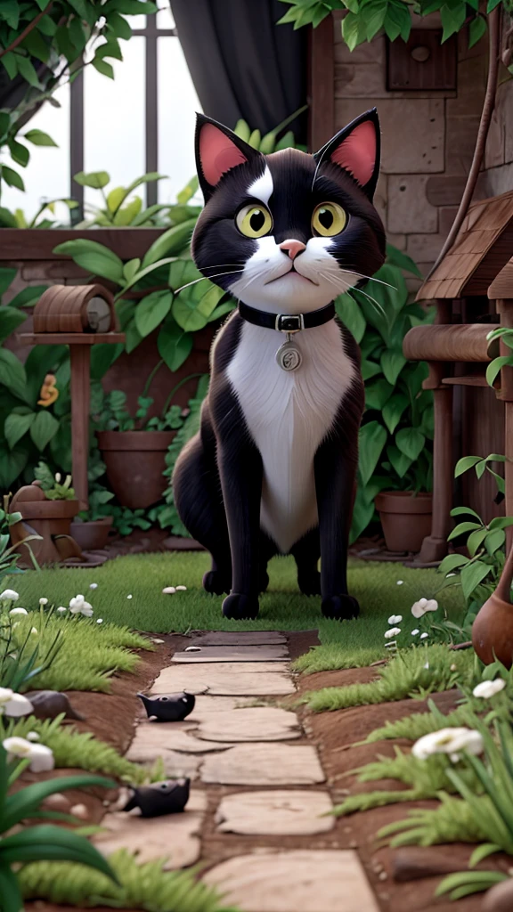 A curious black and white cat looking at an overgrown, neglected garden, feeling inspired to make a change.