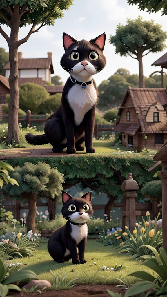 A curious black and white cat looking at an overgrown, neglected garden, feeling inspired to make a change.