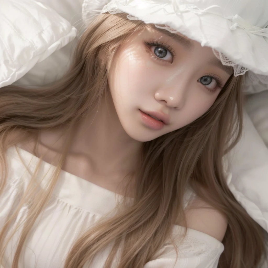 a close up of a woman laying on a bed wearing a white hat, roseanne park of blackpink, lalisa manobal, korean girl, ulzzang, with white long hair, lalisa manoban of blackpink, wan adorable korean face, beautiful south korean woman, long blonde hair and big eyes, with long white hair, anime girl in real life , blackpink jennie , blackpink Lisa , asian famale face , cute girl , Korean famale