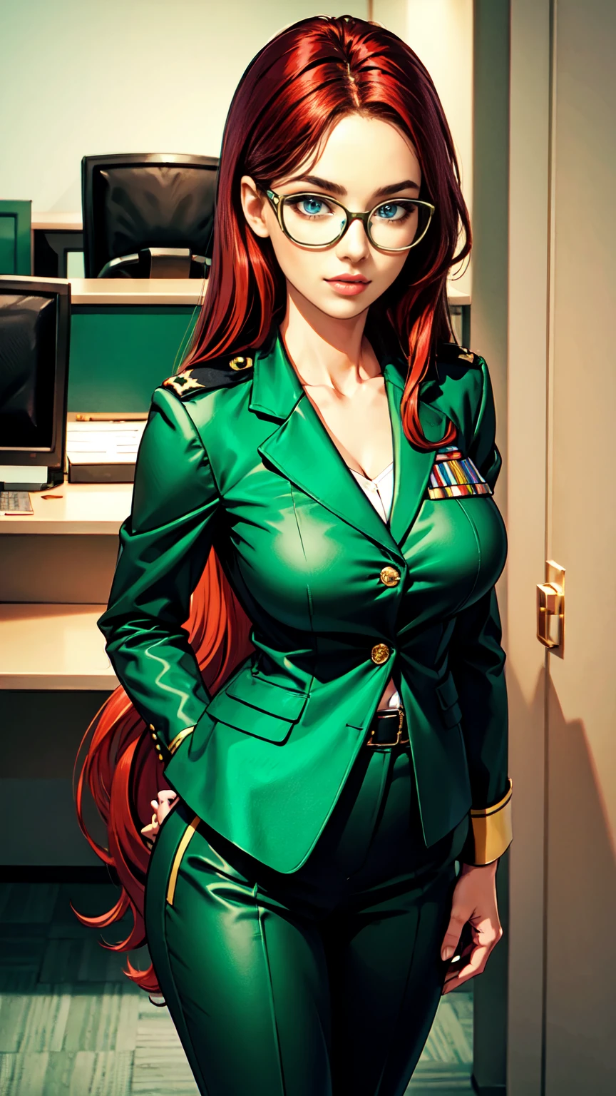 women,red long hair, glasses, oliv green BLazer Officer Uniform, oliv green Trousers, medium breast, standing in a office