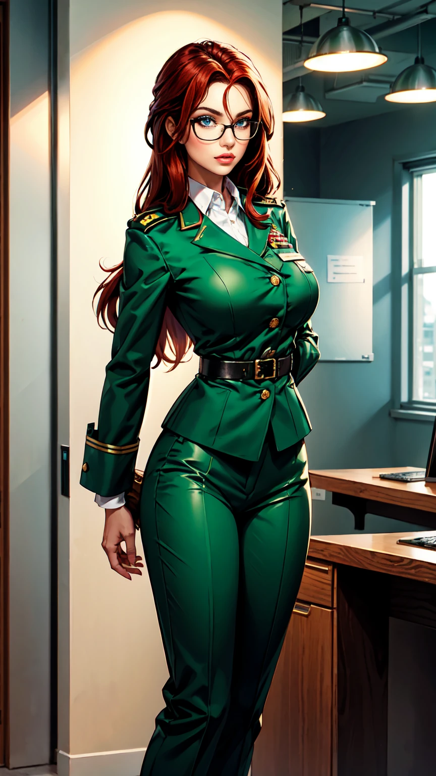 women,red long hair, glasses, oliv green BLazer Officer Uniform, oliv green Trousers, medium breast, standing in a office