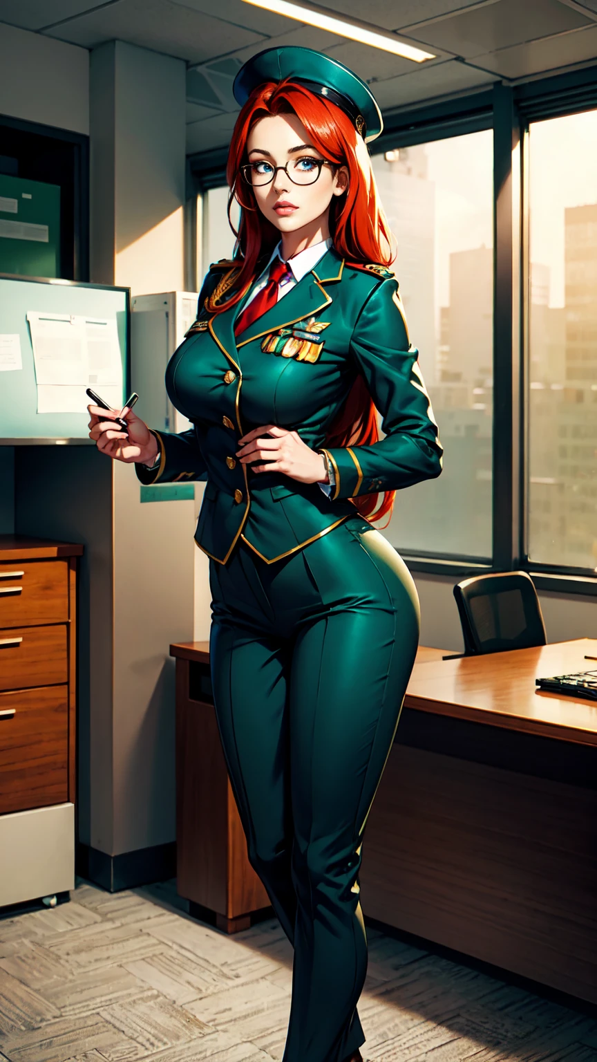 women,red long hair, glasses, oliv green BLazer Officer Uniform, oliv green Trousers, medium breast, standing in a office