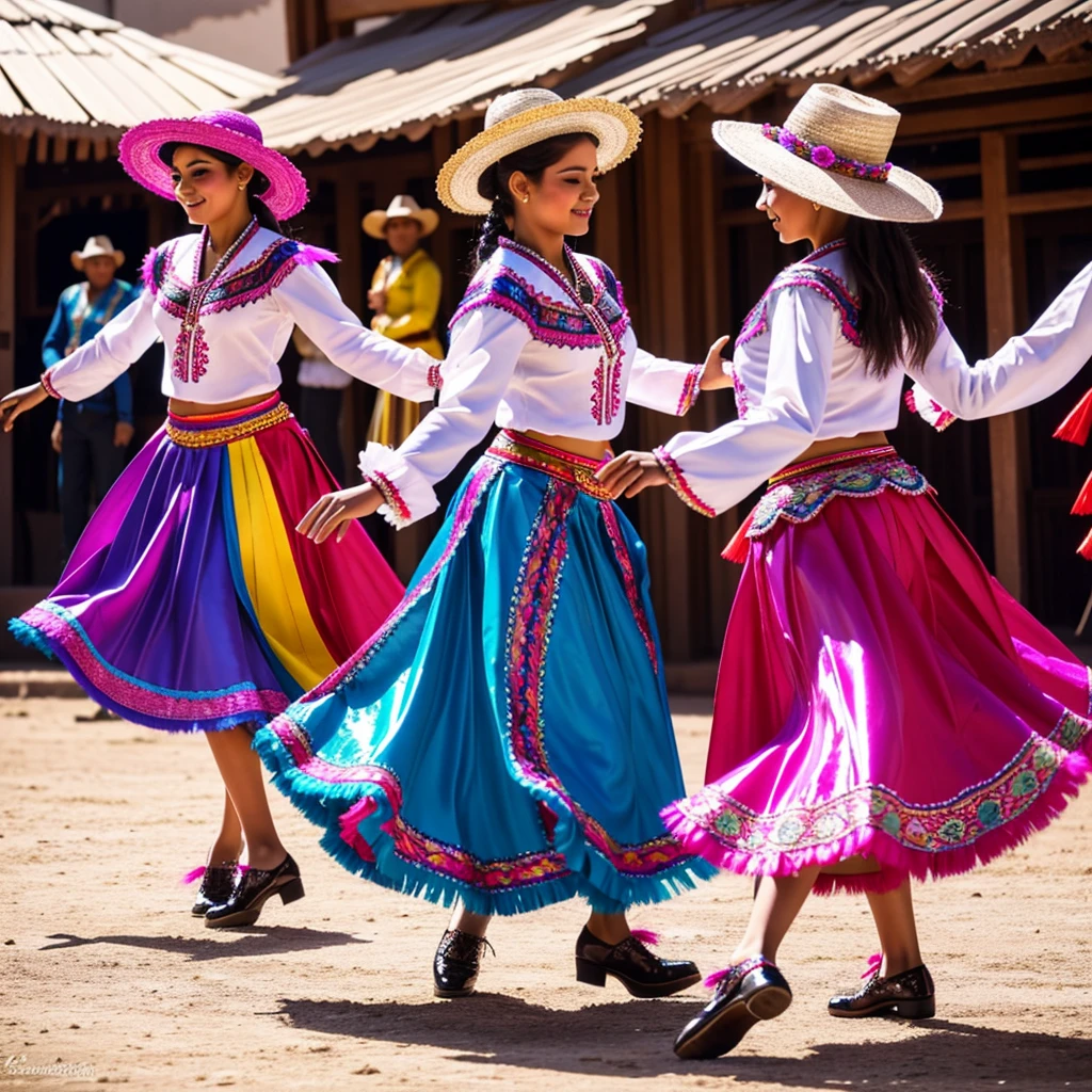 Morenada, Western cultural dance. Beautiful women dancing Morenada, traditional dance, pretty women wearing Morenada clothing, including hats decorated with colorful feathers, jackets and pants decorated with embroidery and sequins, ruffled skirts and petticoats, and patent leather shoes.