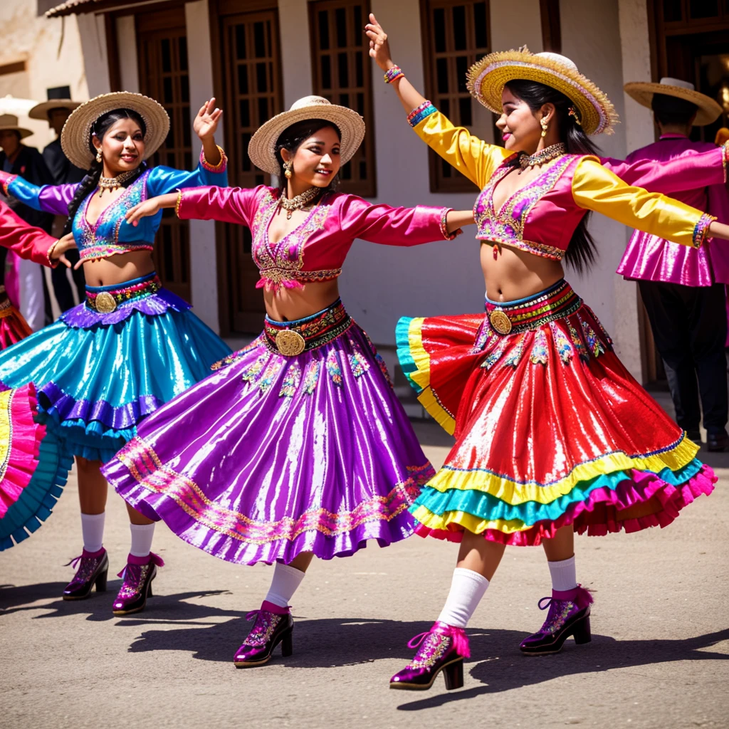 Morenada, Western cultural dance. Beautiful women dancing Morenada, traditional dance, pretty women wearing Morenada clothing, including hats decorated with colorful feathers, jackets and pants decorated with embroidery and sequins, ruffled skirts and petticoats, and patent leather shoes.