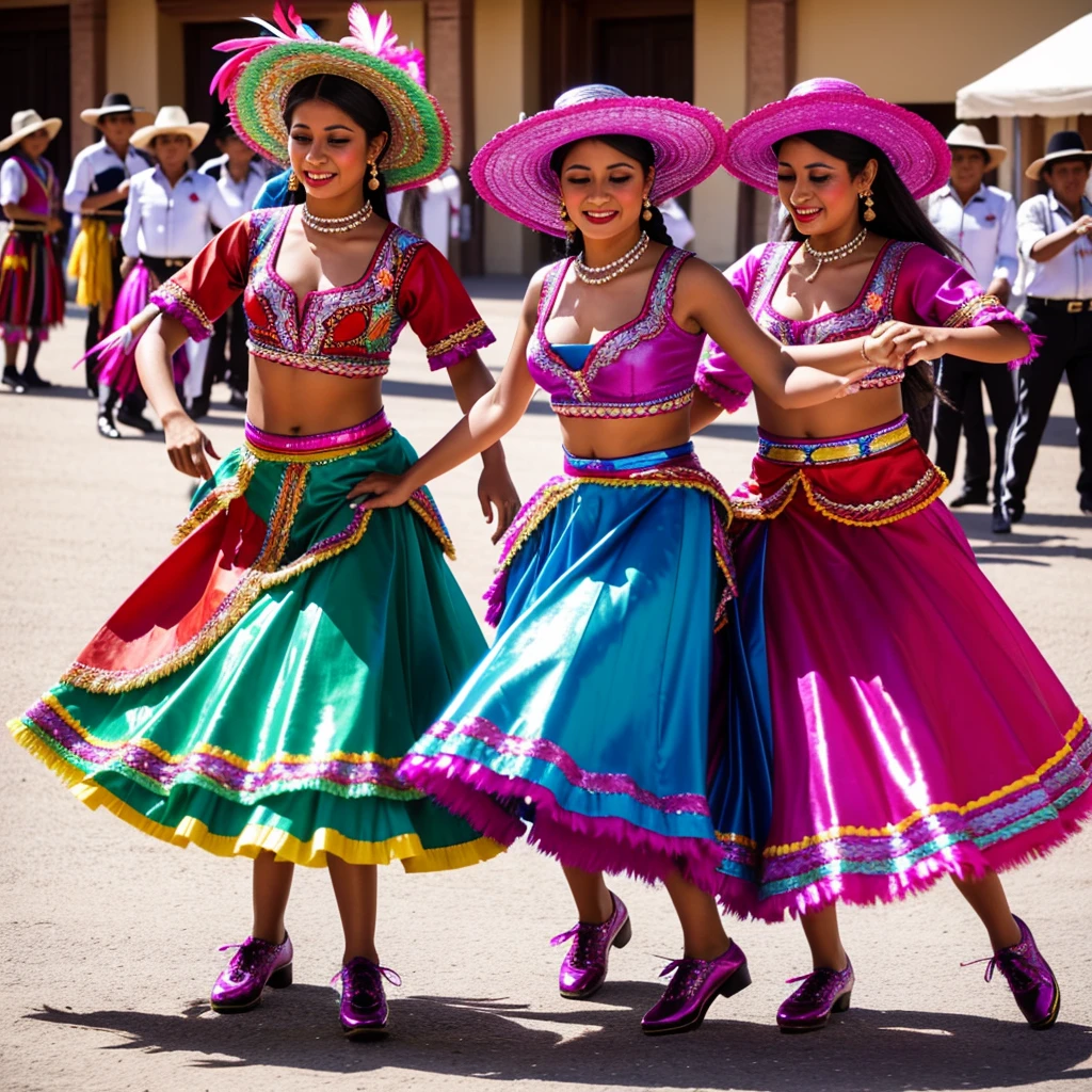 Morenada, Western cultural dance. Beautiful women dancing Morenada, traditional dance, pretty women wearing Morenada clothing, including hats decorated with colorful feathers, jackets and pants decorated with embroidery and sequins, ruffled skirts and petticoats, and patent leather shoes.