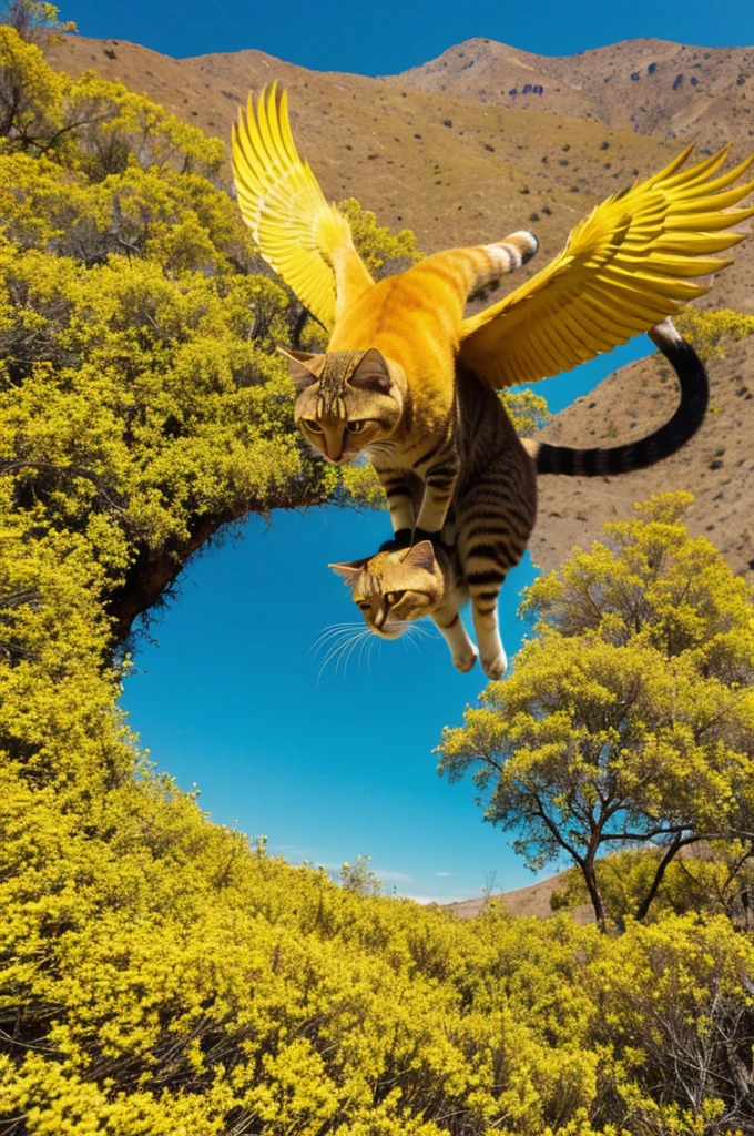 Gato amarillo volando en el cielo azul