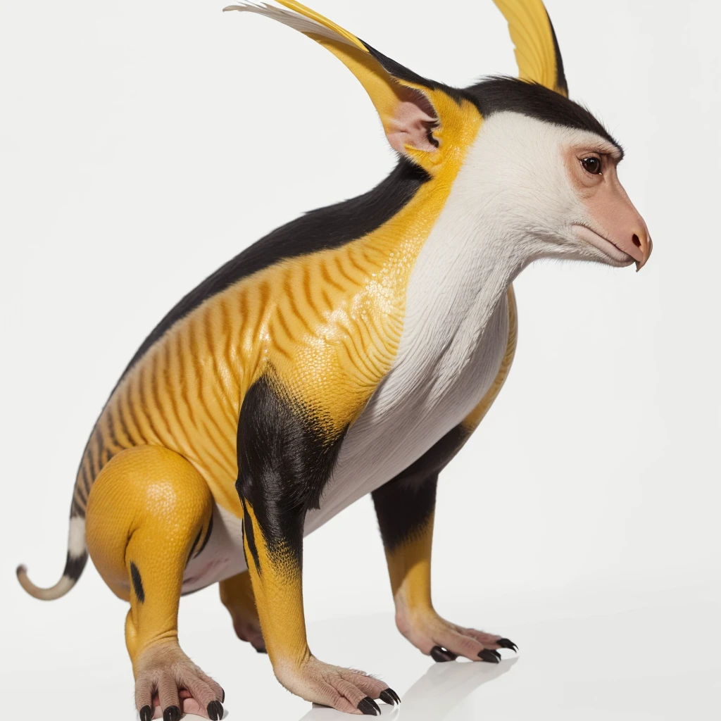 Animaly, white and yellows colour skins, has scales, his body is shaped like a Tapirs but his face is like a monkey and Puffin, silver colour skins, Grassroots background, (white background simpleks)