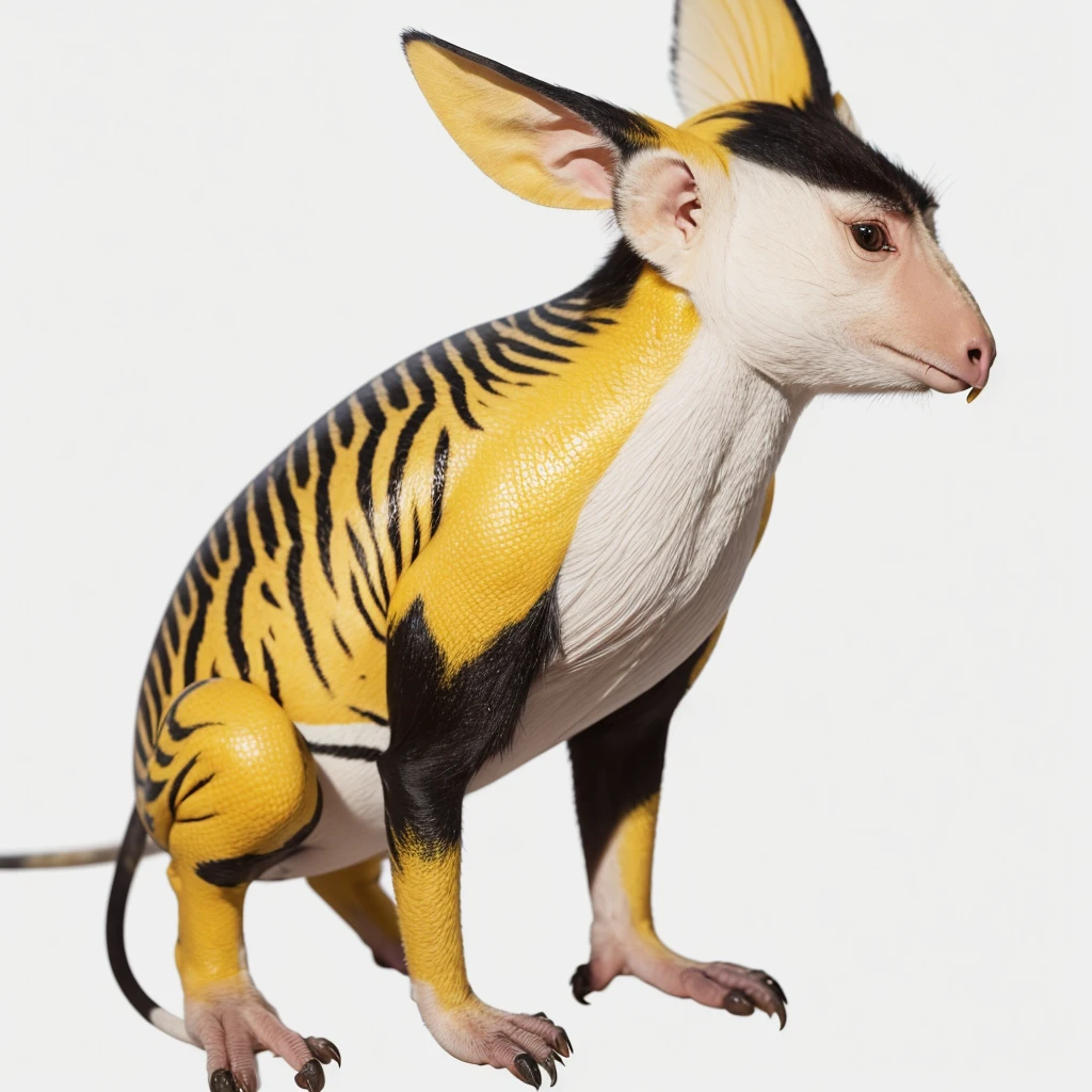 Animaly, white and yellows colour skins, has scales, his body is shaped like a Tapirs but his face is like a monkey and Puffin, silver colour skins, Grassroots background, (white background simpleks)