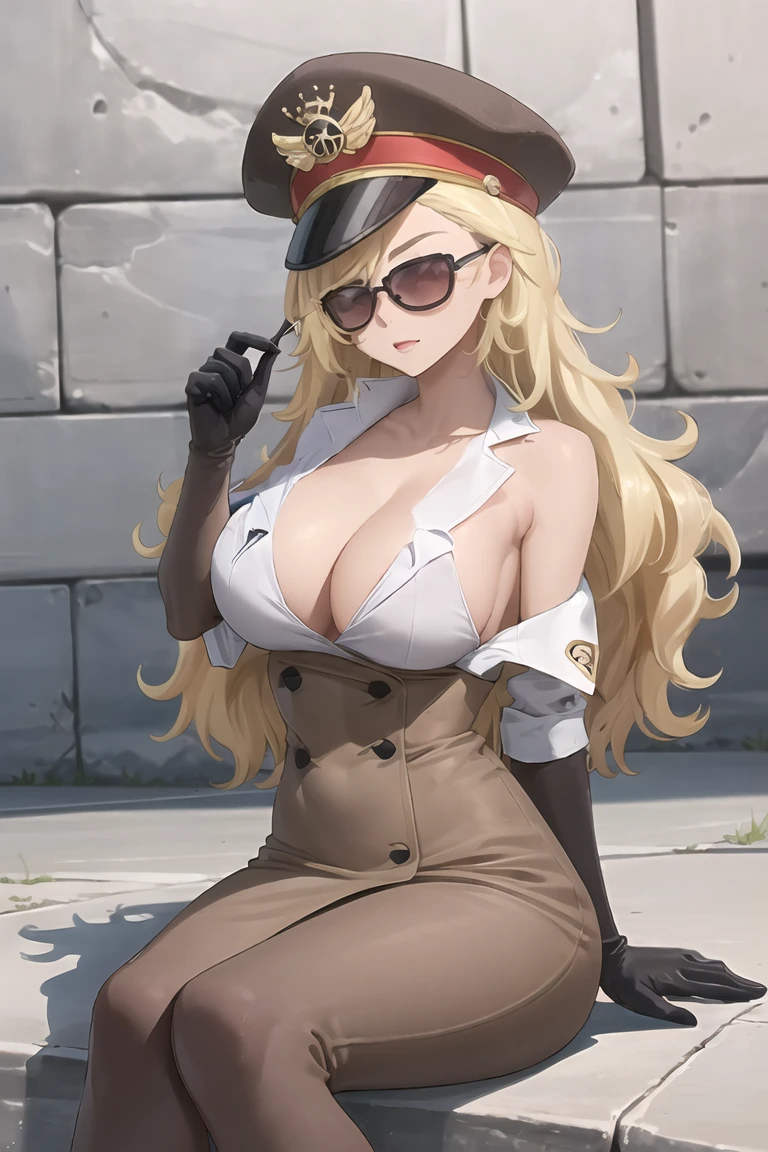 (masterpiece, best quality),domino,hat,peaked cap,uniform,gloves,sunglasses,sitting,naked, big breasts, blonde hair, prison, cell,