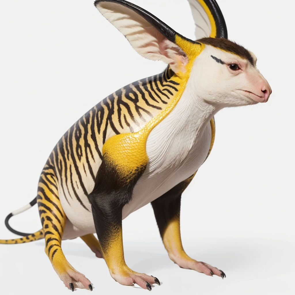 Animaly, white and yellows colour skins, has scales, his body is shaped like a Tapirs but his face is like a monkey and Puffin, silver colour skins, Grassroots background, (white background simpleks)