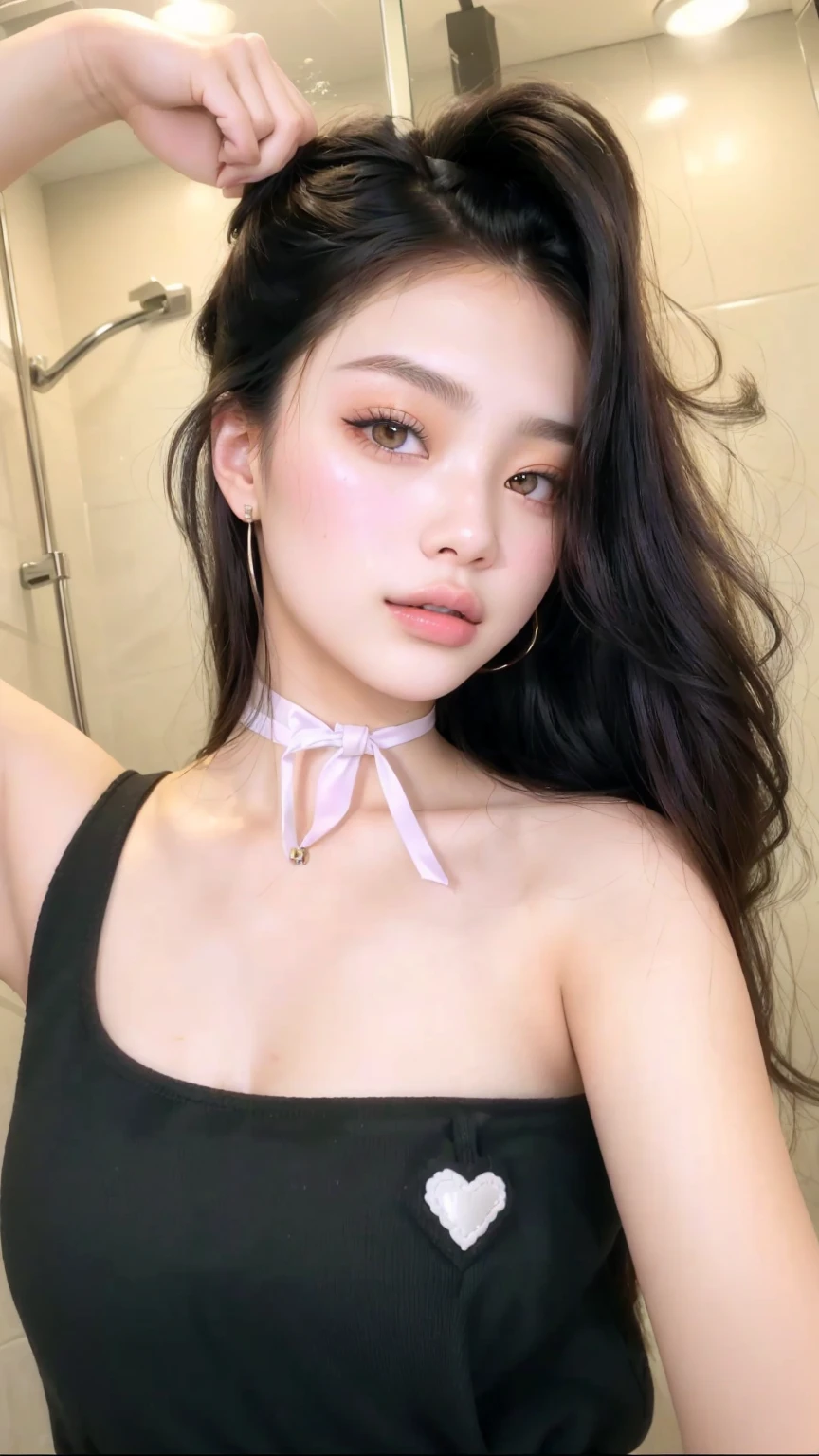 there is a woman that is posing for a picture in a bathroom, portrait sophie mudd, bella poarch, anna nikonova aka newmilky, pale-skinned persian girl, 🤤 girl portrait, kailee mandel, 2 4 year old female model, 1 8 yo, very pretty face, violet myers, instagram model, soft devil queen madison beer, wearing black choker , blackpink jennie , blackpink Lisa , asian famale face , cute girl , Korean famale