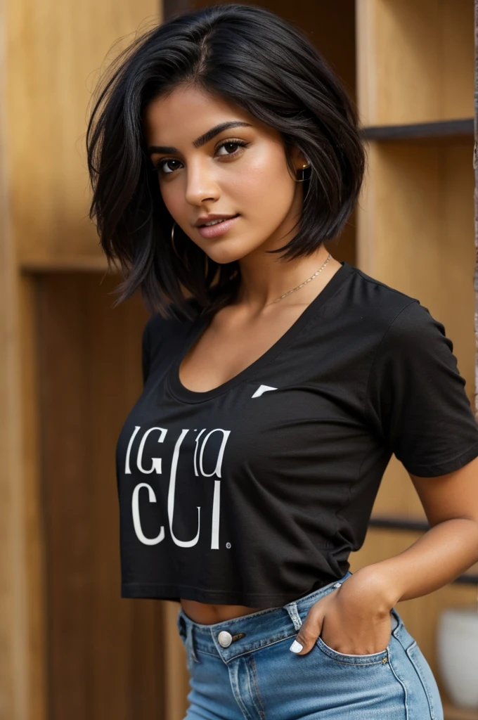 Chica ultra guapa, culo perfecto ,con short jean , camiseta negra cadena dorada en su cuello, cabello negro 