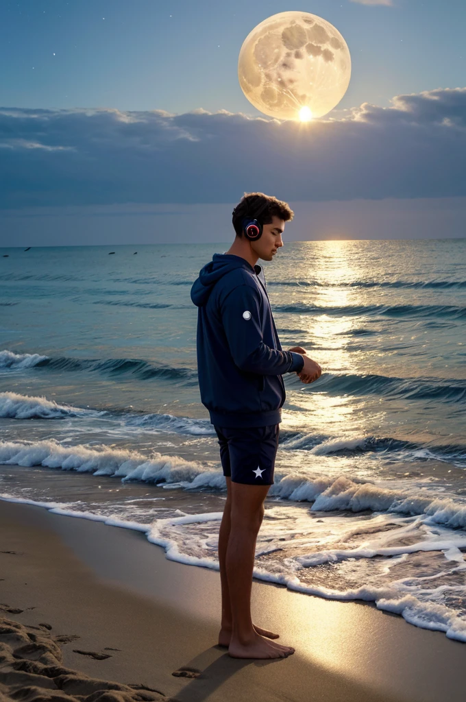 High quality, masterpiece, detailed,a man standing near a beach with headphones and ipod in his hand and the waves of the beach are touching this legs and with full moon light,stars etc
