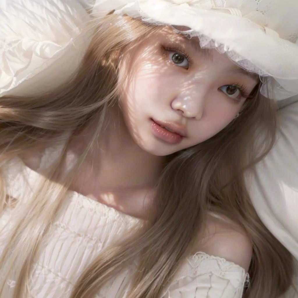 a close up of a woman laying on a bed wearing a white hat, roseanne park of blackpink, lalisa manobal, korean girl, ulzzang, with white long hair, lalisa manoban of blackpink, wan adorable korean face, beautiful south korean woman, long blonde hair and big eyes, with long white hair, anime girl in real life , blackpink jennie , blackpink Lisa , asian famale face , cute girl , Korean famale