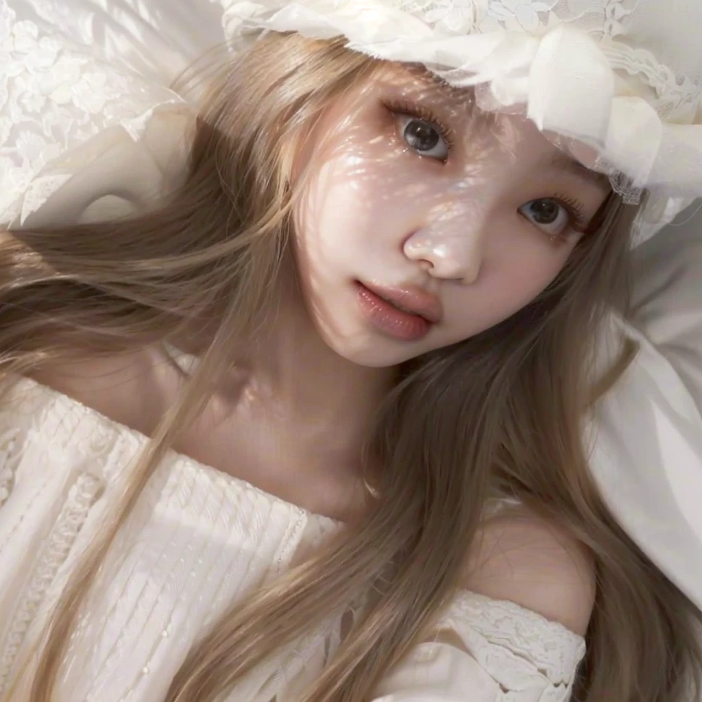a close up of a woman laying on a bed wearing a white hat, roseanne park of blackpink, lalisa manobal, korean girl, ulzzang, with white long hair, lalisa manoban of blackpink, wan adorable korean face, beautiful south korean woman, long blonde hair and big eyes, with long white hair, anime girl in real life , blackpink jennie , blackpink Lisa , asian famale face , cute girl , Korean famale