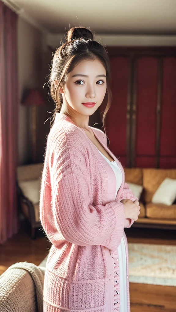 a young Korean housewife in a soft pink knitted cardigan, white maxi dress, large hair bun, standing in living room, facing to viewer, facing front, feminine pose, serene expression, cute face, detailed face, detailed clothing, detailed background, natural lighting, warm colors, beautiful scenery, intricate details, highly detailed, photorealistic, 8k, ((masterpiece)), cinematic style, portrait