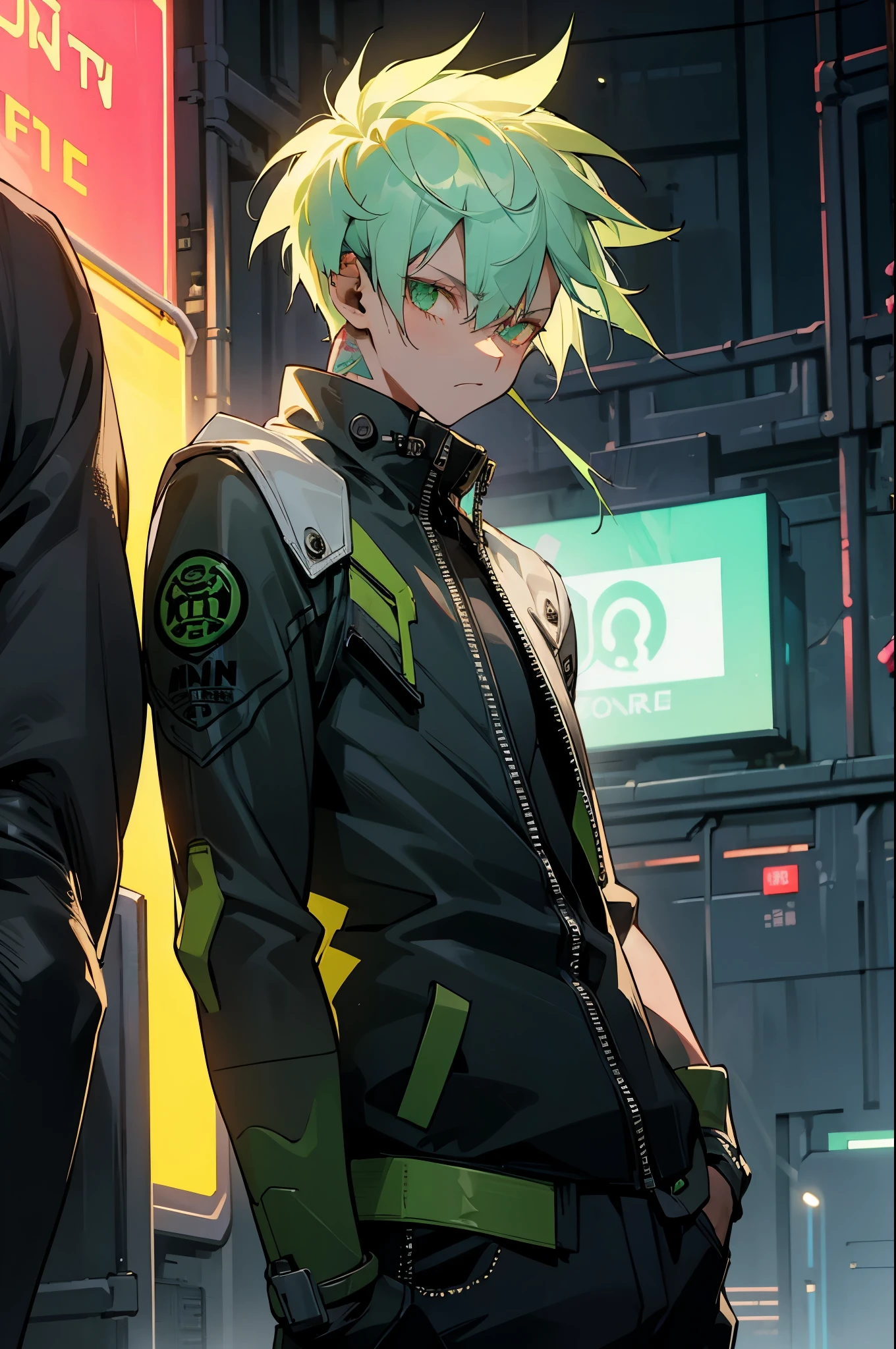 boy, white green hair, cool black open short jacket, tatoos, messy fade cut hair, crazy, on futuristic neon night street background, straight front center, photograpic shot
