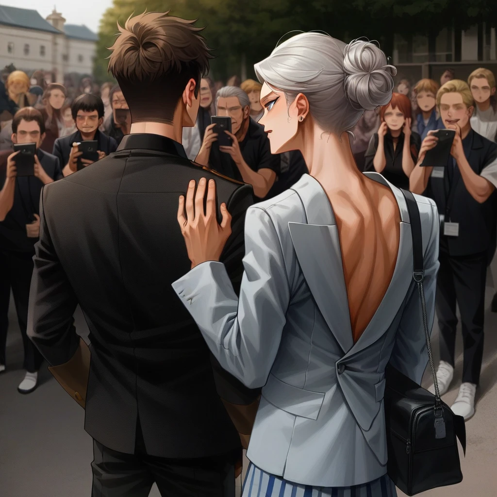 Amidst many young people, mulhereserapazes, uma mulher elegante, alta magra, platinum hair styled with a low bun at the back of the neck; veste um conjunto azul acinzentado claro: blazer com saia azul, aos joelhos. Ela toca nas costas, no ombro, of a photographer, um homem de 37 anos; cabelos curtos ligeiramente grisalhos. he has his back; veste roupas pretas casuais, transporta, pendurado nos ombros uma uma bolsa tiracolo.