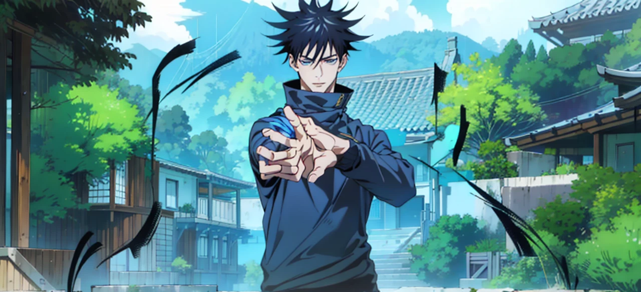 (absurdres, highres, ultra detailed), 1 male, adult, handsome, tall muscular guy, broad shoulders, finely detailed eyes and detailed face, megumi_fushiguro, long black spiked hair, blue eyes, handsome, Sunlight, Fantastic light and shadow, Scenery, portrait, open mouth, sexy, attractive, full body, , black clothing, hight resolution