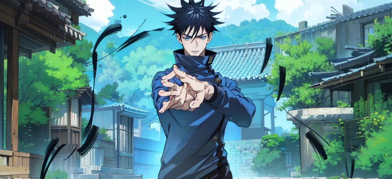 (absurdres, highres, ultra detailed), 1 male, adult, handsome, tall muscular guy, broad shoulders, finely detailed eyes and detailed face, megumi_fushiguro, long black spiked hair, blue eyes, handsome, Sunlight, Fantastic light and shadow, Scenery, portrait, open mouth, sexy, attractive, full body, , black clothing, hight resolution 