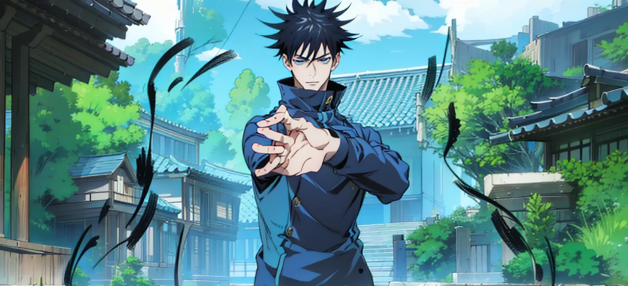 (absurdres, highres, ultra detailed), 1 male, adult, handsome, tall muscular guy, broad shoulders, finely detailed eyes and detailed face, megumi_fushiguro, long black spiked hair, blue eyes, handsome, Sunlight, Fantastic light and shadow, Scenery, portrait, open mouth, sexy, attractive, full body, , black clothing, hight resolution
