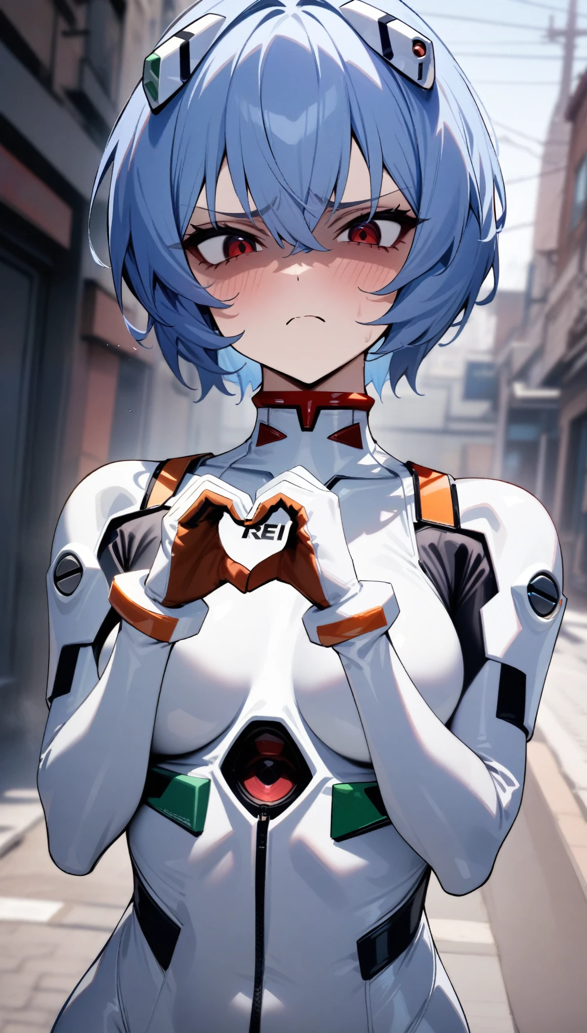 masterpiece, best quality, very aesthetic, absurdres, newest,1girl,upper body, (contempt, disgust,shaded face,looking at viewer,frown),heart-shaped gesture,,Ayanami Rei,white bodysuit,red eyes,pilot suit,short hair,blue hair,bangs,interface headset,turtleneck,hair between eyes,in street