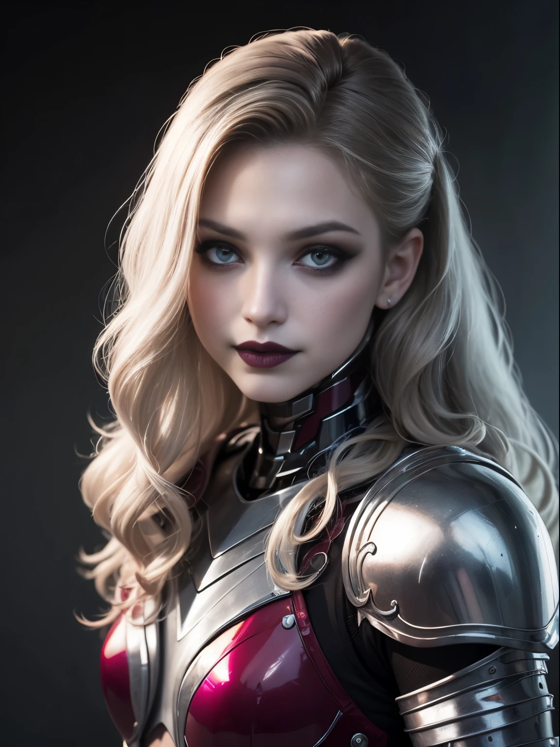 ((best quality: 1.5)) ((masterpiece: 0.8)), intricate details, sharp focus, professional, photorealistic, real life, realistic representation of the face, ((((solo, 1girl) muscular mistress, (albino, albino, mysterious expression, black lipstick, blushinechanical arms, cyborg))))), bright glow, dynamic pose, gorgeous perfect face, in the style of realistic and hyper detailed renderings, zbrush, hyper realistic oil, contoured shading, dark room, dark background, black background, solo, BREAK; BREAK ((((smirking, ((dark eye makeup, (wide-eyed))), wavy dark hair)))), (freckles: 0.9), ((fujicolor)), BREAK; BREAK ((((futuristic gray maroon lacquered chrome armor, photorealistic, hyper-realistic))) BREAK; BREAK (((breast size: 0.4)))