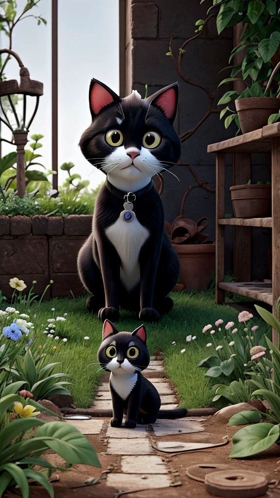 A curious black and white cat looking at an overgrown, neglected garden, feeling inspired to make a change.