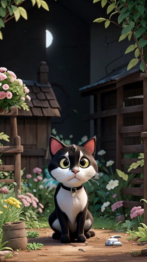 A curious black and white cat looking at an overgrown, neglected garden, feeling inspired to make a change.