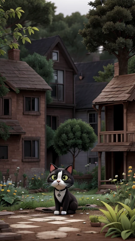 A curious black and white cat looking at an overgrown, neglected garden, feeling inspired to make a change.